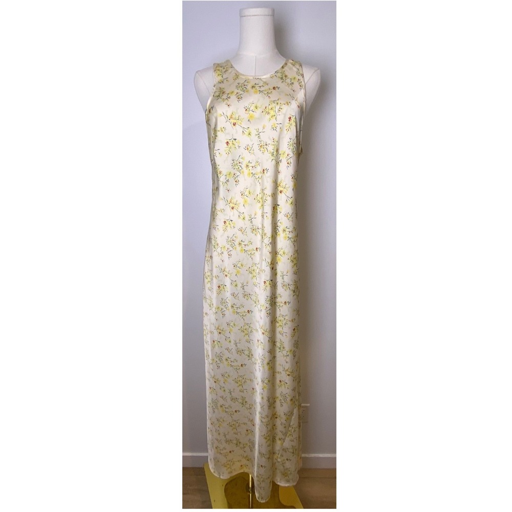 Christian Lacroix Maxi Dress Womens Large Yellow Floral Satin Sleeveless Cottage